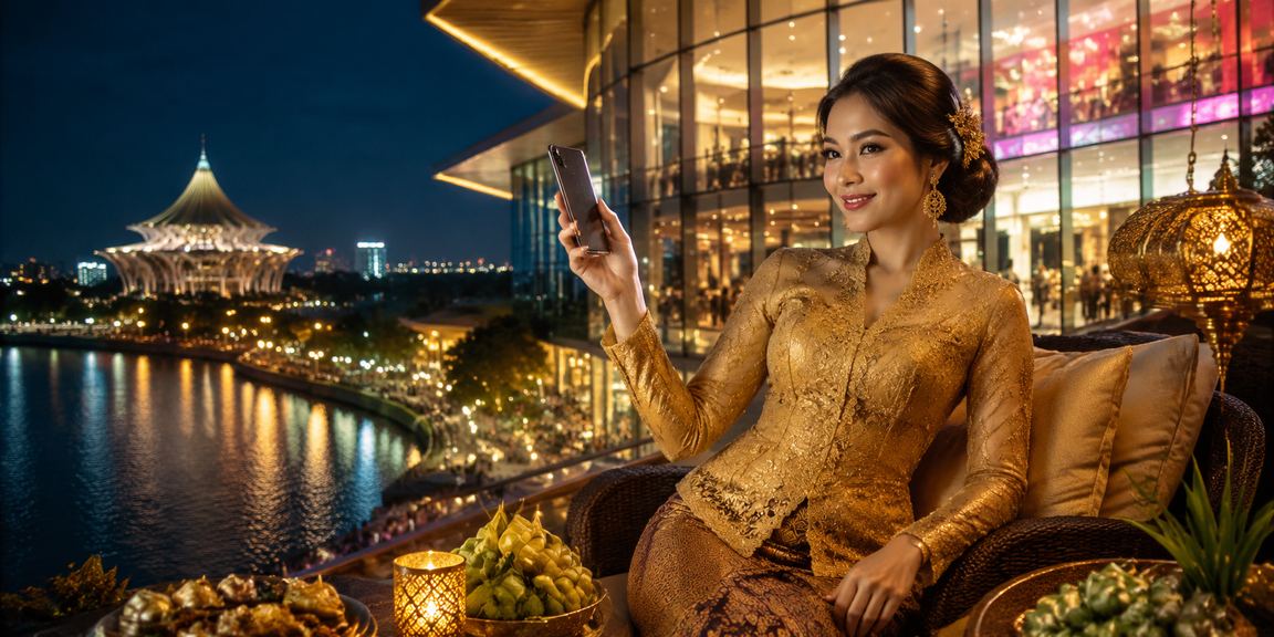 Pemain wanita berbaju kebaya menggunakan tablet untuk bermain slot 1895 di Kuching Sarawak